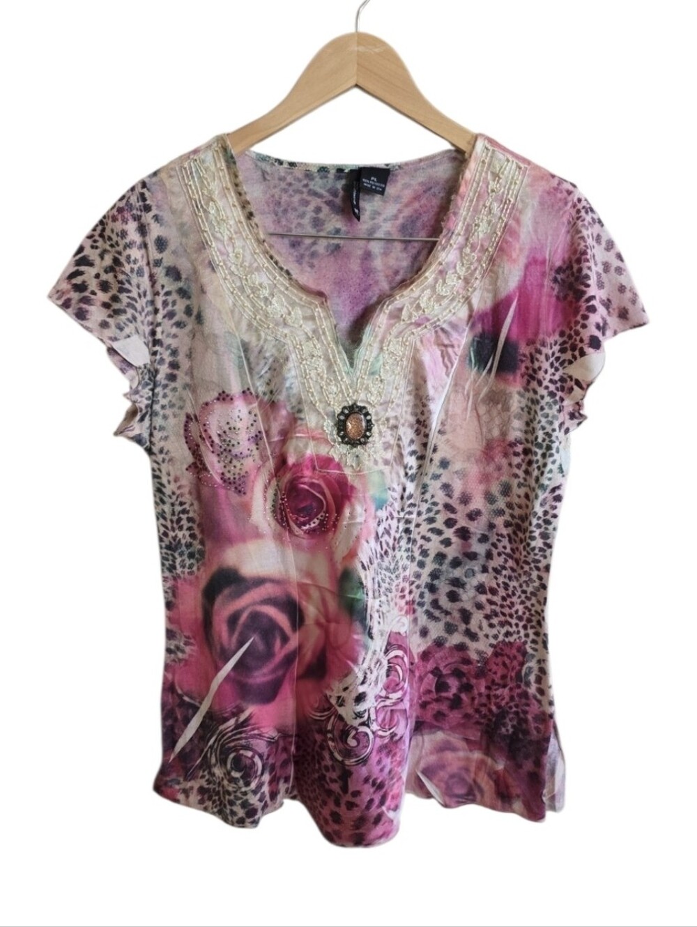 Vintage New Directions Y2K Floral Leopard Print Bedazzle Lace V-neck Top. Large